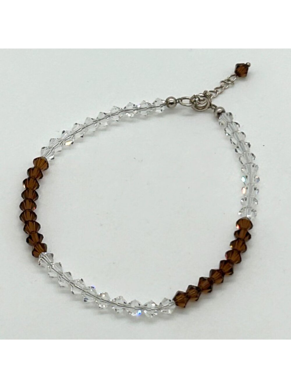 Bicone Crystal Bracelet Clear & Brown Beads Faceted Adjustable Dainty Minimalist - Picture 2 of 10